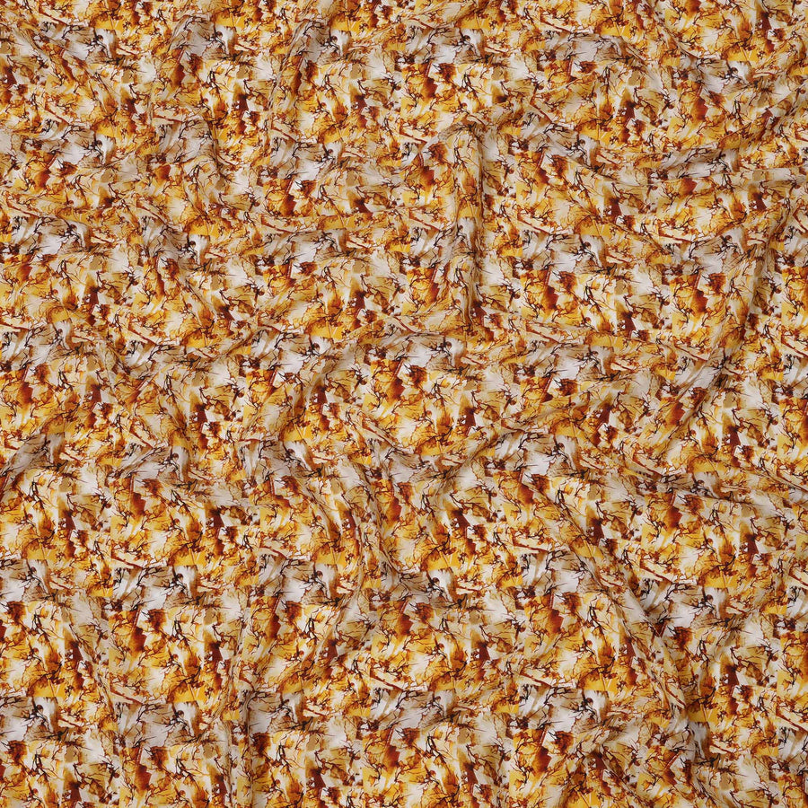 Golden Yellow and Rust Abstract Leaf Print Synthetic Crepe Fabric, Bold Digital Texture Design, 110 Cms Width, Made in India-D23765