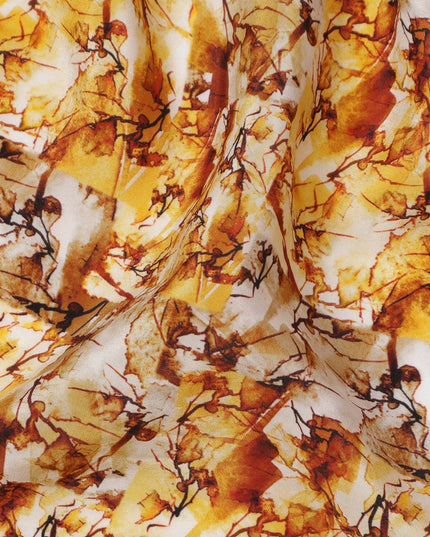 Golden Yellow and Rust Abstract Leaf Print Synthetic Crepe Fabric, Bold Digital Texture Design, 110 Cms Width, Made in India-D23765