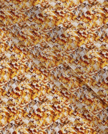 Golden Yellow and Rust Abstract Leaf Print Synthetic Crepe Fabric, Bold Digital Texture Design, 110 Cms Width, Made in India-D23765
