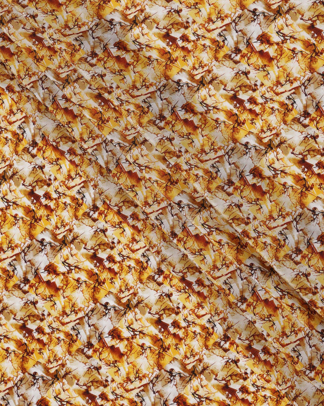 Golden Yellow and Rust Abstract Leaf Print Synthetic Crepe Fabric, Bold Digital Texture Design, 110 Cms Width, Made in India-D23765