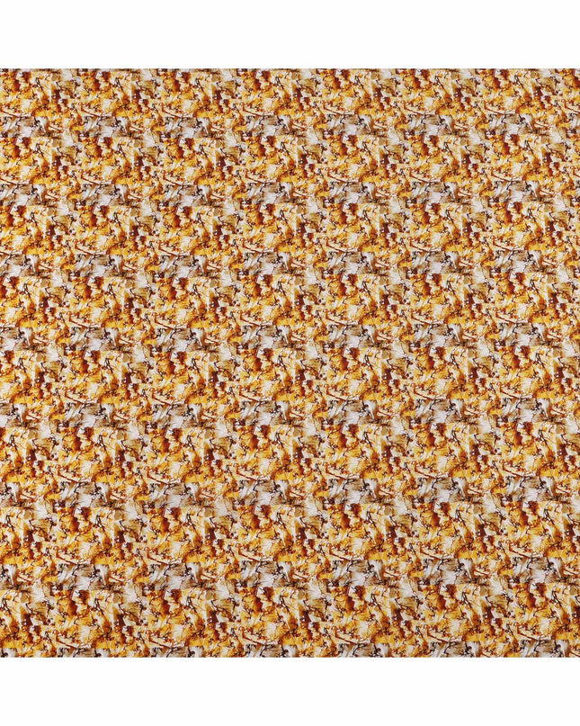 Golden Yellow and Rust Abstract Leaf Print Synthetic Crepe Fabric, Bold Digital Texture Design, 110 Cms Width, Made in India-D23765
