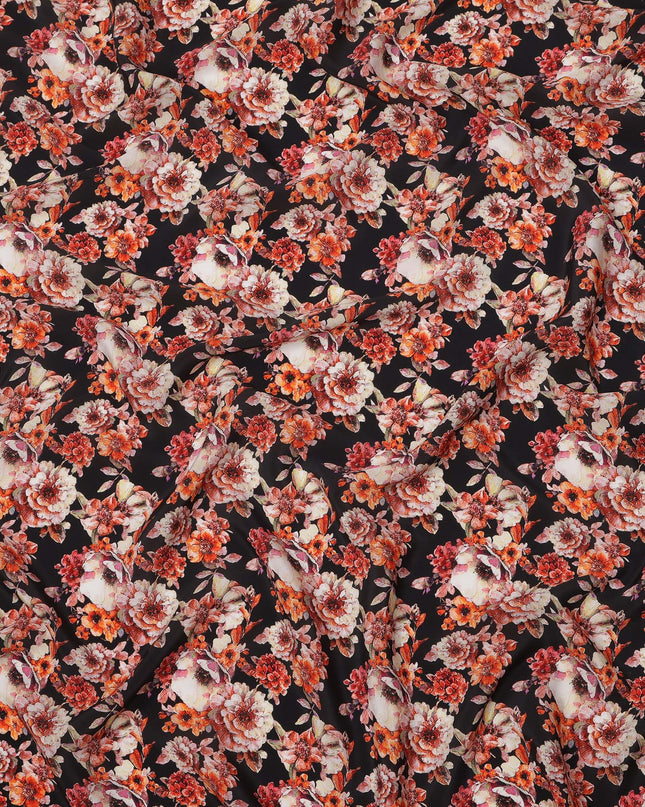 Midnight Black and Red Floral Cluster Print Synthetic Crepe Fabric, Bold Digital Design, 110 Cms Width, Made in India-D23766