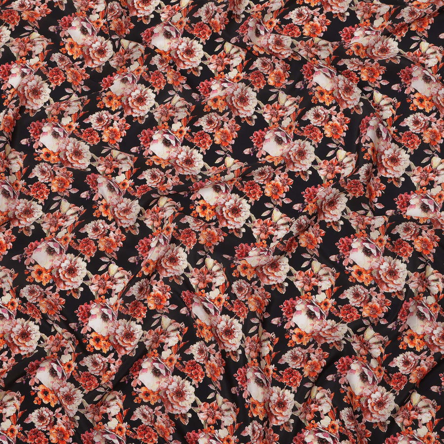 Midnight Black and Red Floral Cluster Print Synthetic Crepe Fabric, Bold Digital Design, 110 Cms Width, Made in India-D23766