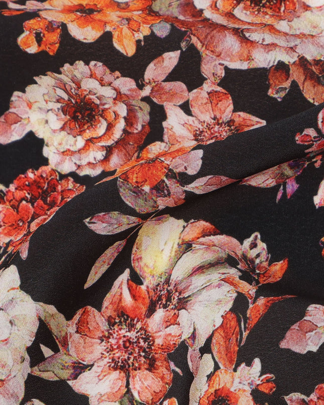 Midnight Black and Red Floral Cluster Print Synthetic Crepe Fabric, Bold Digital Design, 110 Cms Width, Made in India-D23766