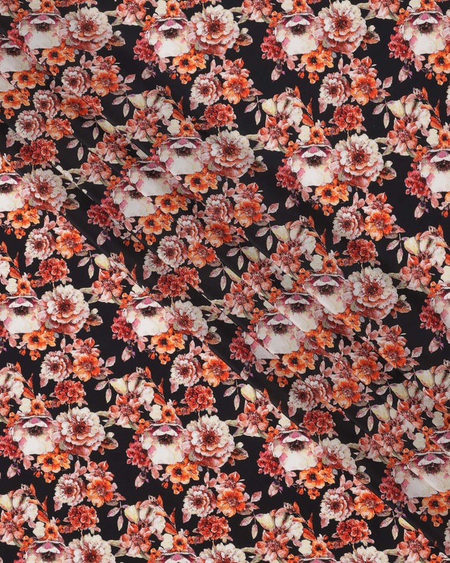Midnight Black and Red Floral Cluster Print Synthetic Crepe Fabric, Bold Digital Design, 110 Cms Width, Made in India-D23766