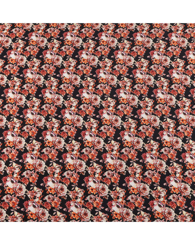Midnight Black and Red Floral Cluster Print Synthetic Crepe Fabric, Bold Digital Design, 110 Cms Width, Made in India-D23766