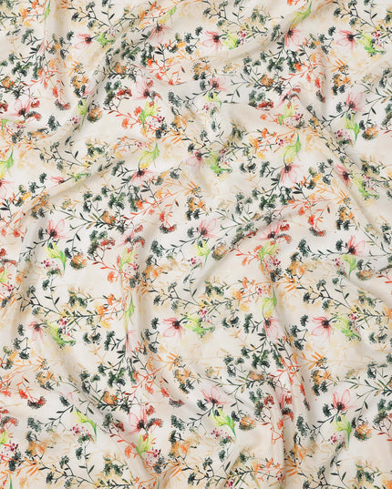 Cream Beige and Multicolor Botanical Garden Print Synthetic Crepe Fabric, Delicate Floral Digital Design, 110 Cms Width, Made in India-D23767