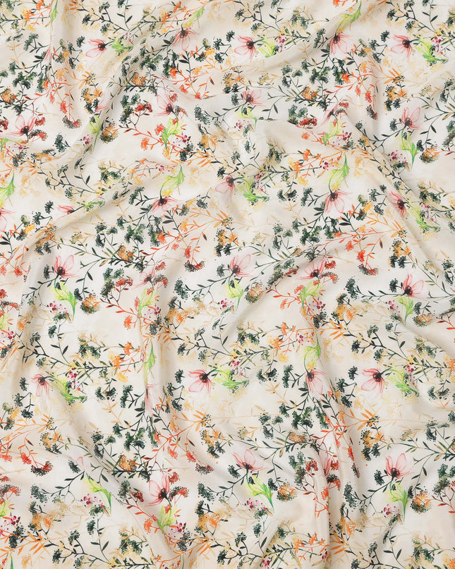 Cream Beige and Multicolor Botanical Garden Print Synthetic Crepe Fabric, Delicate Floral Digital Design, 110 Cms Width, Made in India-D23767