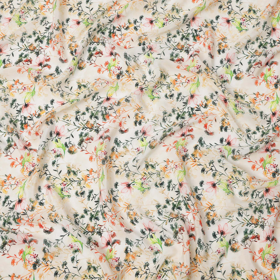 Cream Beige and Multicolor Botanical Garden Print Synthetic Crepe Fabric, Delicate Floral Digital Design, 110 Cms Width, Made in India-D23767