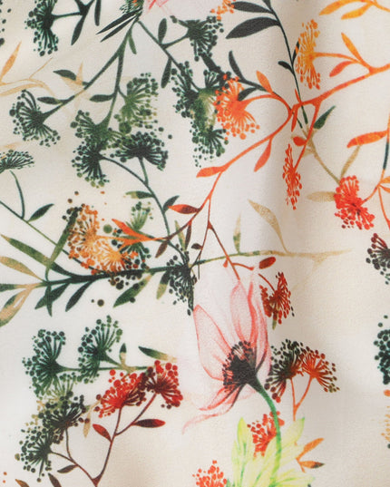 Cream Beige and Multicolor Botanical Garden Print Synthetic Crepe Fabric, Delicate Floral Digital Design, 110 Cms Width, Made in India-D23767