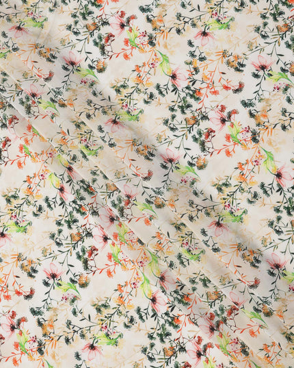 Cream Beige and Multicolor Botanical Garden Print Synthetic Crepe Fabric, Delicate Floral Digital Design, 110 Cms Width, Made in India-D23767