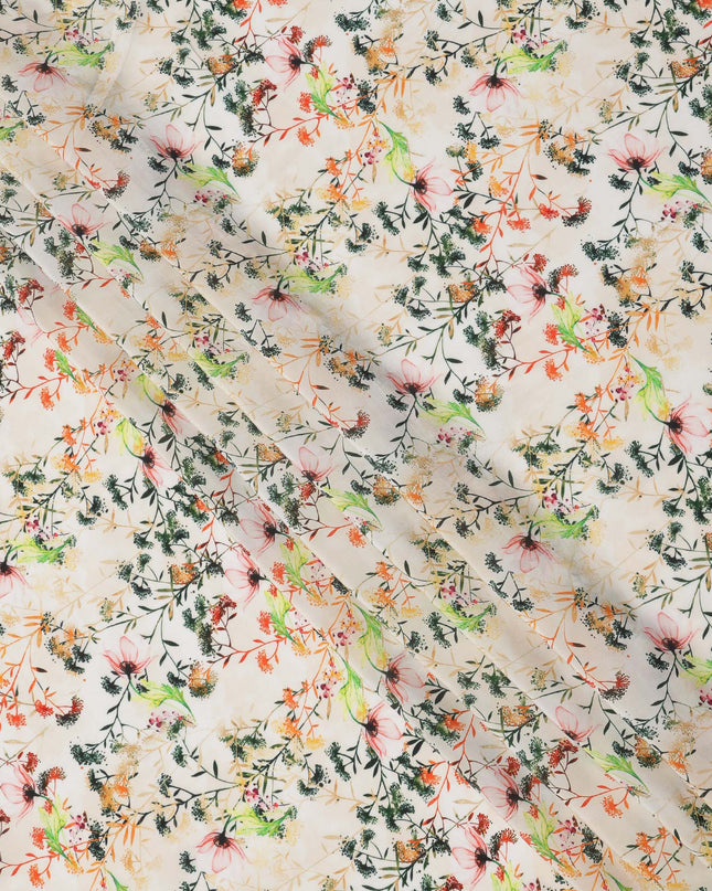 Cream Beige and Multicolor Botanical Garden Print Synthetic Crepe Fabric, Delicate Floral Digital Design, 110 Cms Width, Made in India-D23767