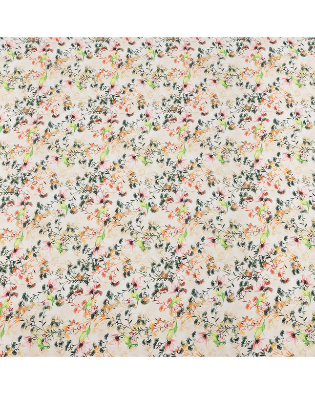 Cream Beige and Multicolor Botanical Garden Print Synthetic Crepe Fabric, Delicate Floral Digital Design, 110 Cms Width, Made in India-D23767