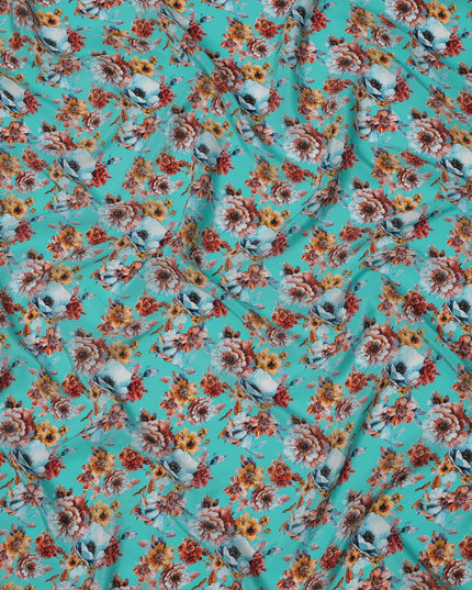 Turquoise Blue with Rust and Yellow Bold Floral Digital Print Synthetic Crepe Fabric, Multicolor Cluster Design, 110 Cms Width, Made in India-D23768
