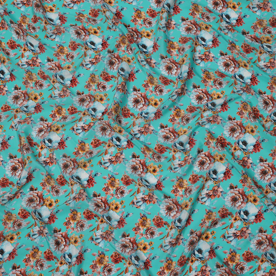 Turquoise Blue with Rust and Yellow Bold Floral Digital Print Synthetic Crepe Fabric, Multicolor Cluster Design, 110 Cms Width, Made in India-D23768