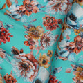 Turquoise Blue with Rust and Yellow Bold Floral Digital Print Synthetic Crepe Fabric, Multicolor Cluster Design, 110 Cms Width, Made in India-D23768