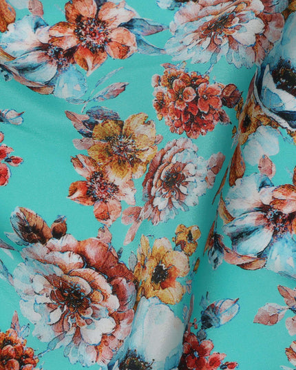 Turquoise Blue with Rust and Yellow Bold Floral Digital Print Synthetic Crepe Fabric, Multicolor Cluster Design, 110 Cms Width, Made in India-D23768