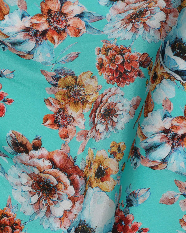 Turquoise Blue with Rust and Yellow Bold Floral Digital Print Synthetic Crepe Fabric, Multicolor Cluster Design, 110 Cms Width, Made in India-D23768