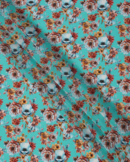 Turquoise Blue with Rust and Yellow Bold Floral Digital Print Synthetic Crepe Fabric, Multicolor Cluster Design, 110 Cms Width, Made in India-D23768