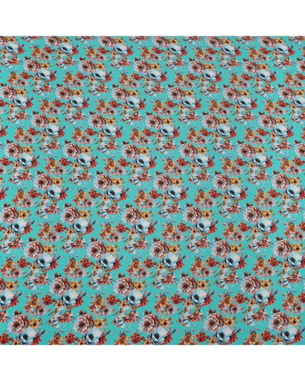 Turquoise Blue with Rust and Yellow Bold Floral Digital Print Synthetic Crepe Fabric, Multicolor Cluster Design, 110 Cms Width, Made in India-D23768