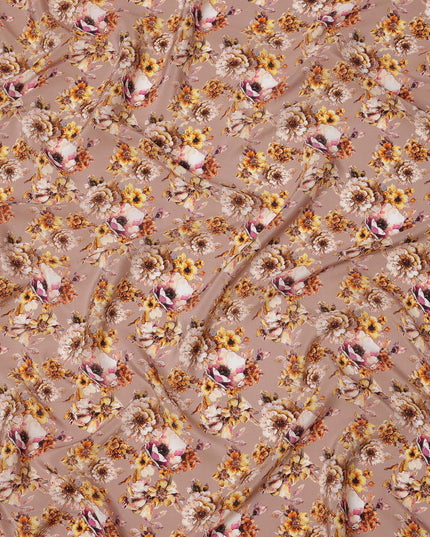 Dusty Brown with Yellow and Ivory Vintage Floral Digital Print Synthetic Crepe Fabric, Romantic Cluster Pattern, 110 Cms Width, Made in India-D23769