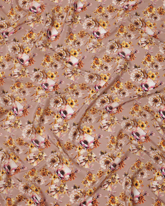 Dusty Brown with Yellow and Ivory Vintage Floral Digital Print Synthetic Crepe Fabric, Romantic Cluster Pattern, 110 Cms Width, Made in India-D23769