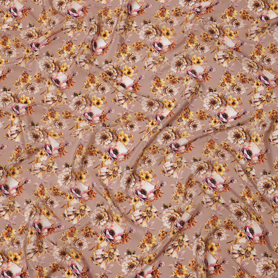 Dusty Brown with Yellow and Ivory Vintage Floral Digital Print Synthetic Crepe Fabric, Romantic Cluster Pattern, 110 Cms Width, Made in India-D23769