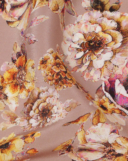 Dusty Brown with Yellow and Ivory Vintage Floral Digital Print Synthetic Crepe Fabric, Romantic Cluster Pattern, 110 Cms Width, Made in India-D23769