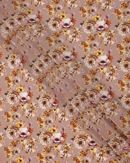 Dusty Brown with Yellow and Ivory Vintage Floral Digital Print Synthetic Crepe Fabric, Romantic Cluster Pattern, 110 Cms Width, Made in India-D23769