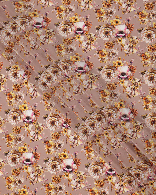 Dusty Brown with Yellow and Ivory Vintage Floral Digital Print Synthetic Crepe Fabric, Romantic Cluster Pattern, 110 Cms Width, Made in India-D23769