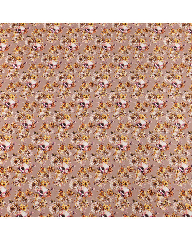 Dusty Brown with Yellow and Ivory Vintage Floral Digital Print Synthetic Crepe Fabric, Romantic Cluster Pattern, 110 Cms Width, Made in India-D23769