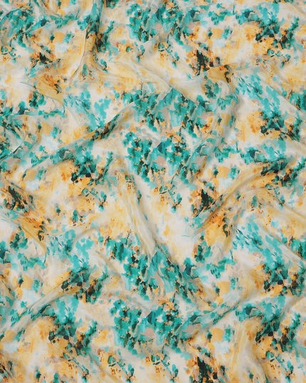 Ivory with Teal and Mustard Abstract Brushstroke Digital Print Synthetic Crepe Fabric, Artistic Watercolor Style, 110 Cms Width, Made in India-D23770