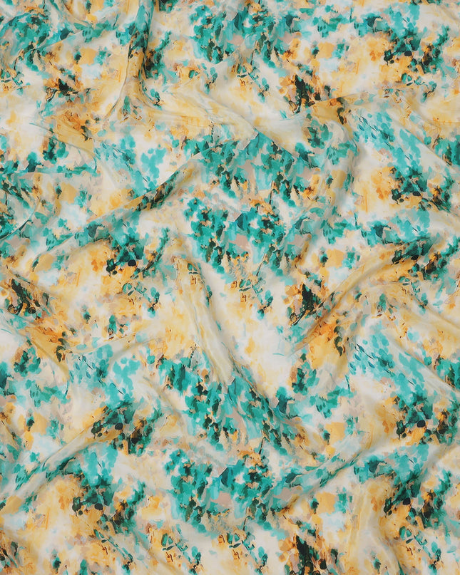 Ivory with Teal and Mustard Abstract Brushstroke Digital Print Synthetic Crepe Fabric, Artistic Watercolor Style, 110 Cms Width, Made in India-D23770
