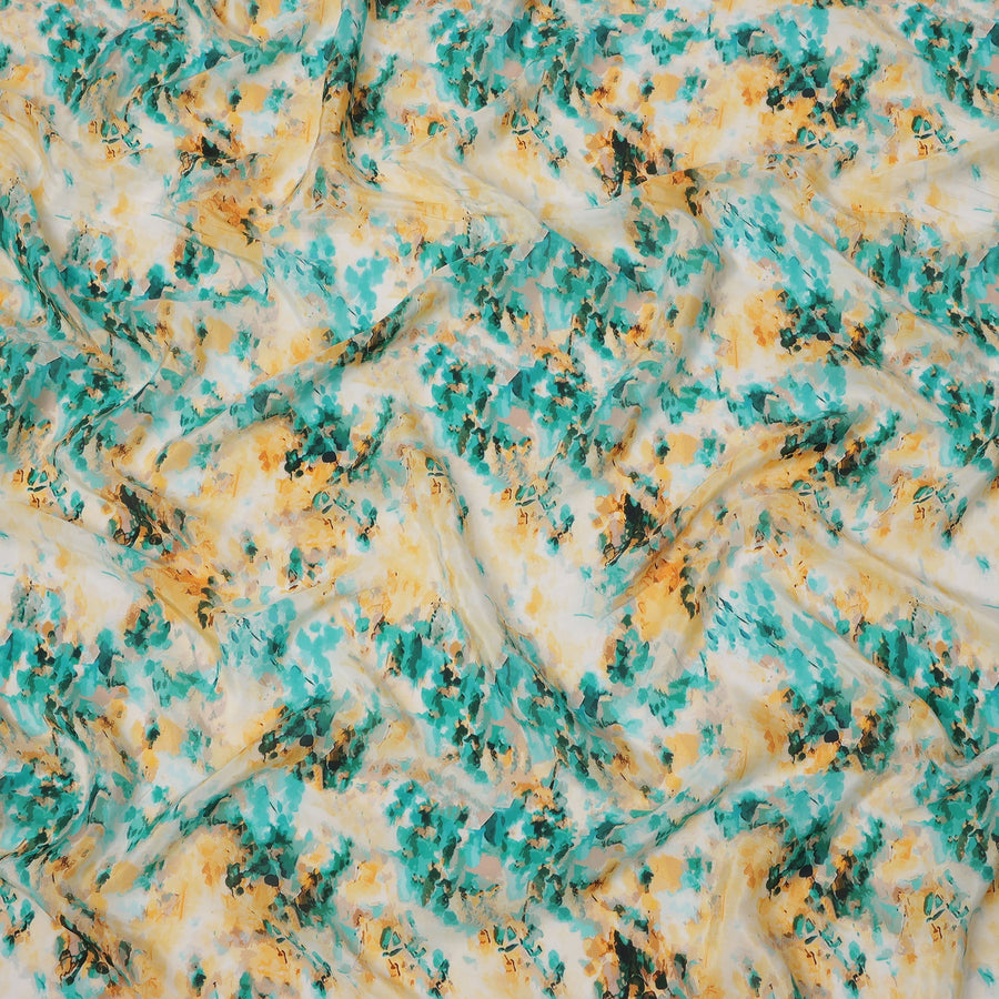 Ivory with Teal and Mustard Abstract Brushstroke Digital Print Synthetic Crepe Fabric, Artistic Watercolor Style, 110 Cms Width, Made in India-D23770