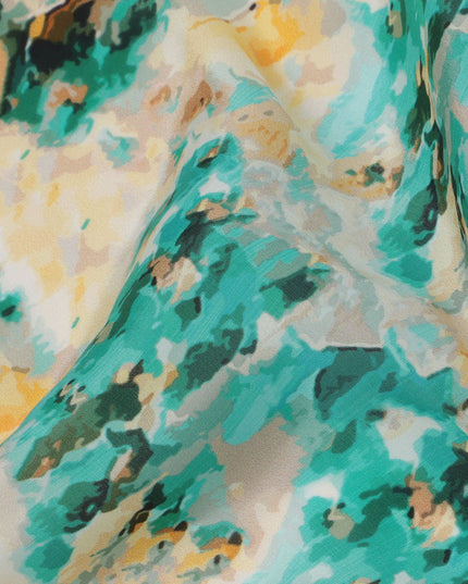 Ivory with Teal and Mustard Abstract Brushstroke Digital Print Synthetic Crepe Fabric, Artistic Watercolor Style, 110 Cms Width, Made in India-D23770