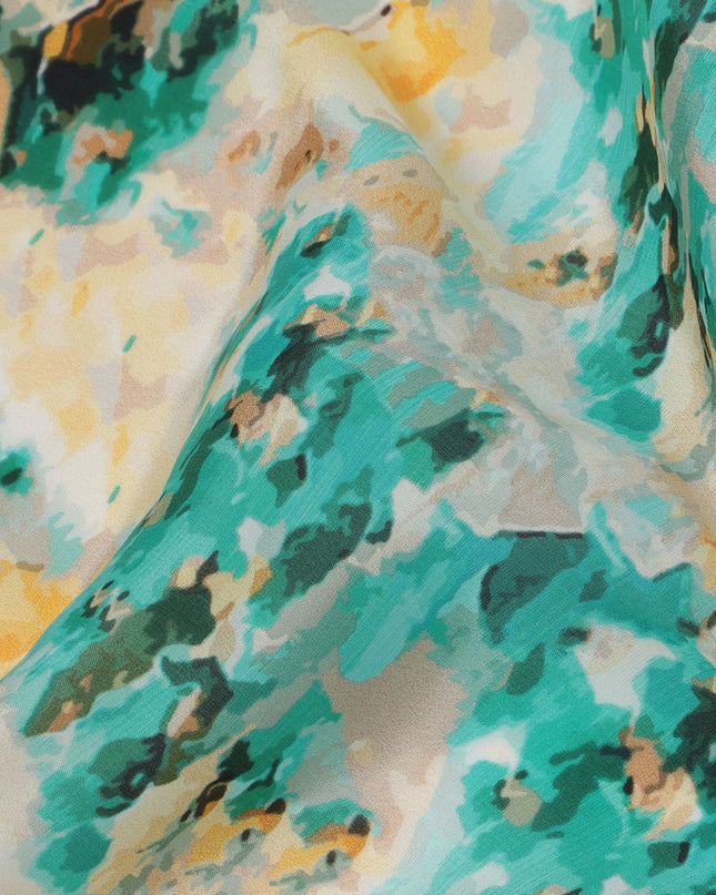 Ivory with Teal and Mustard Abstract Brushstroke Digital Print Synthetic Crepe Fabric, Artistic Watercolor Style, 110 Cms Width, Made in India-D23770