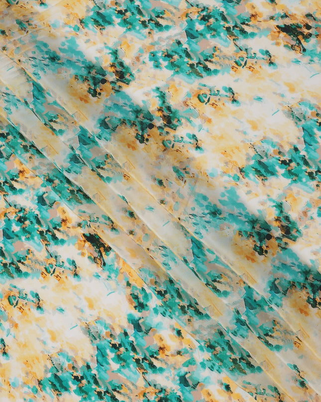 Ivory with Teal and Mustard Abstract Brushstroke Digital Print Synthetic Crepe Fabric, Artistic Watercolor Style, 110 Cms Width, Made in India-D23770