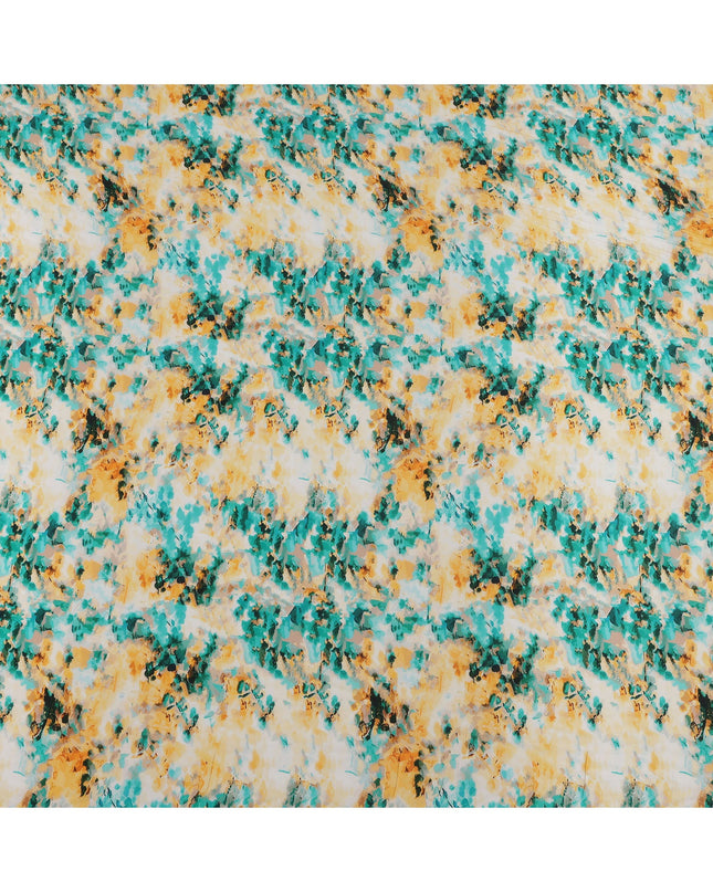 Ivory with Teal and Mustard Abstract Brushstroke Digital Print Synthetic Crepe Fabric, Artistic Watercolor Style, 110 Cms Width, Made in India-D23770