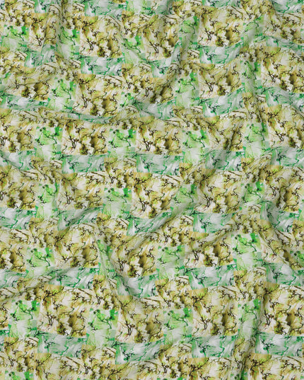 Lime Green with Olive and White Nature-Inspired Digital Brush Print Synthetic Crepe Fabric, Textured Leaf Pattern, 110 Cms Width, Made in India-D23771