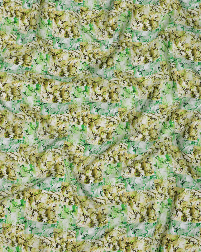 Lime Green with Olive and White Nature-Inspired Digital Brush Print Synthetic Crepe Fabric, Textured Leaf Pattern, 110 Cms Width, Made in India-D23771