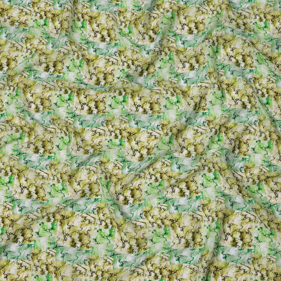 Lime Green with Olive and White Nature-Inspired Digital Brush Print Synthetic Crepe Fabric, Textured Leaf Pattern, 110 Cms Width, Made in India-D23771