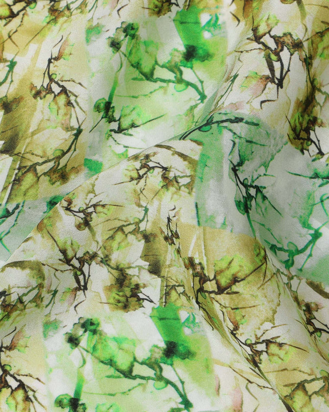 Lime Green with Olive and White Nature-Inspired Digital Brush Print Synthetic Crepe Fabric, Textured Leaf Pattern, 110 Cms Width, Made in India-D23771