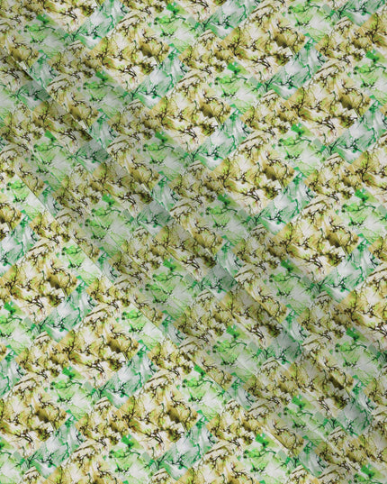 Lime Green with Olive and White Nature-Inspired Digital Brush Print Synthetic Crepe Fabric, Textured Leaf Pattern, 110 Cms Width, Made in India-D23771