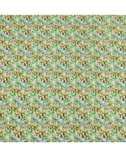 Lime Green with Olive and White Nature-Inspired Digital Brush Print Synthetic Crepe Fabric, Textured Leaf Pattern, 110 Cms Width, Made in India-D23771
