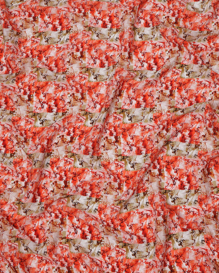 Coral Red with Beige and White Abstract Leafy Brushstroke Print Synthetic Crepe Fabric, Nature-Inspired Digital Art Design, 110 Cms Width, Made in India-D23772