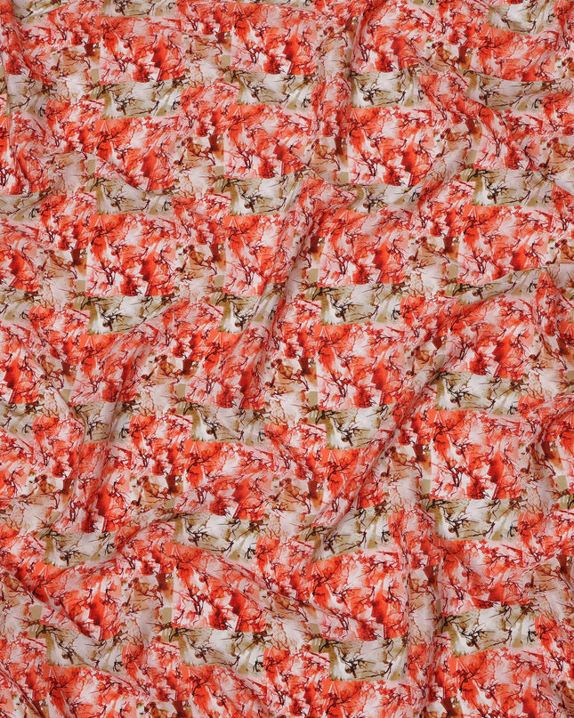 Coral Red with Beige and White Abstract Leafy Brushstroke Print Synthetic Crepe Fabric, Nature-Inspired Digital Art Design, 110 Cms Width, Made in India-D23772