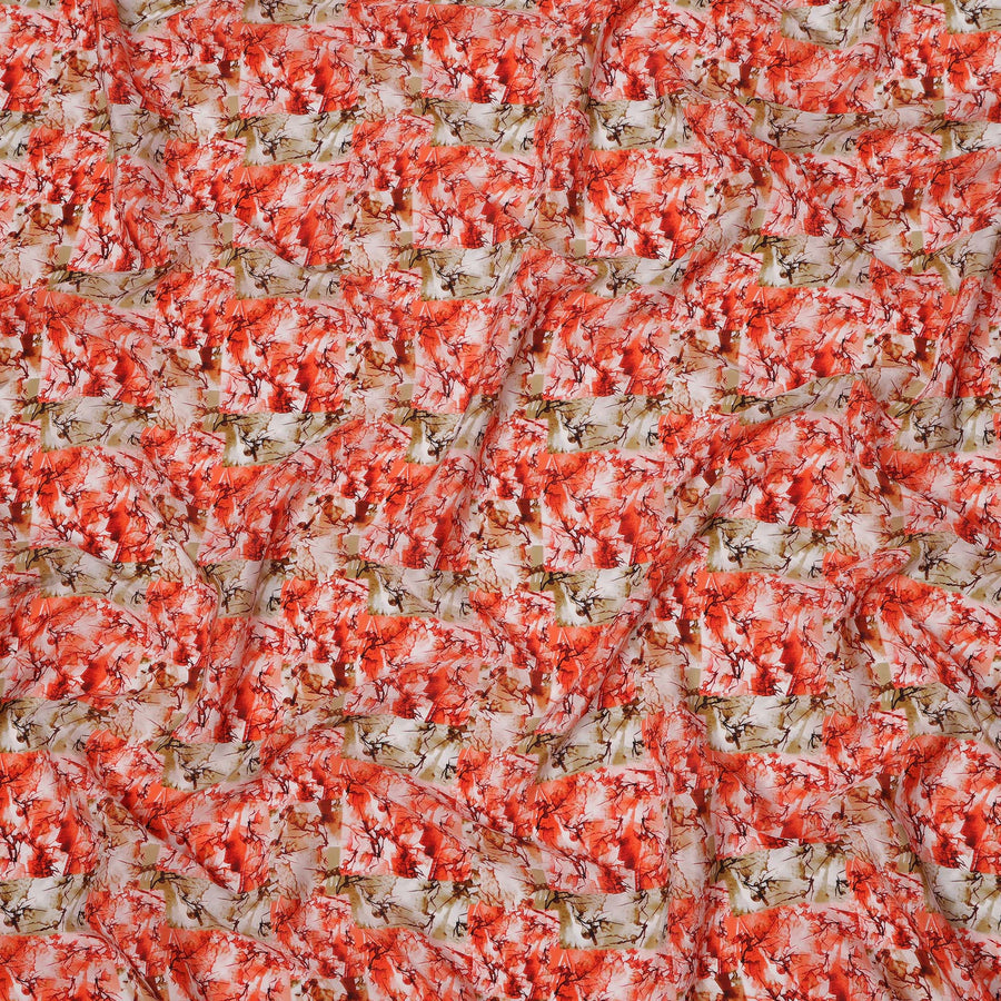 Coral Red with Beige and White Abstract Leafy Brushstroke Print Synthetic Crepe Fabric, Nature-Inspired Digital Art Design, 110 Cms Width, Made in India-D23772