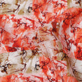 Coral Red with Beige and White Abstract Leafy Brushstroke Print Synthetic Crepe Fabric, Nature-Inspired Digital Art Design, 110 Cms Width, Made in India-D23772