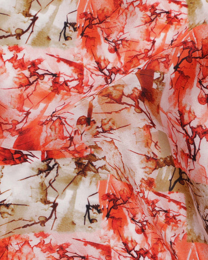 Coral Red with Beige and White Abstract Leafy Brushstroke Print Synthetic Crepe Fabric, Nature-Inspired Digital Art Design, 110 Cms Width, Made in India-D23772