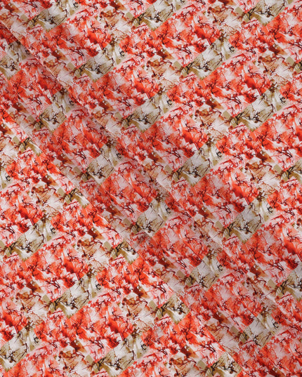 Coral Red with Beige and White Abstract Leafy Brushstroke Print Synthetic Crepe Fabric, Nature-Inspired Digital Art Design, 110 Cms Width, Made in India-D23772